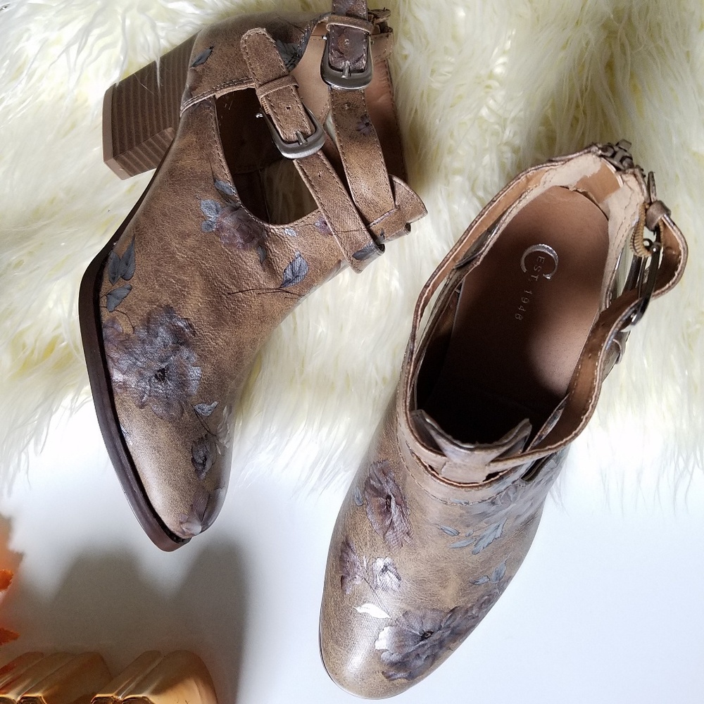 Floral Tan Ankle Booties Size 10 🍁 - Picture 7 of 11